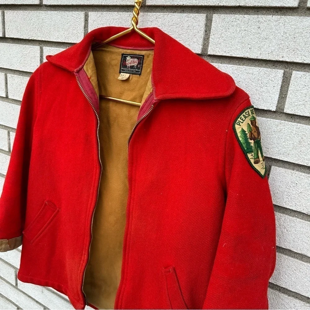 Vintage Woolrich Red Wool Boy Scouts Jacket Sz 10 Smokey Bear Patch Broken Zip